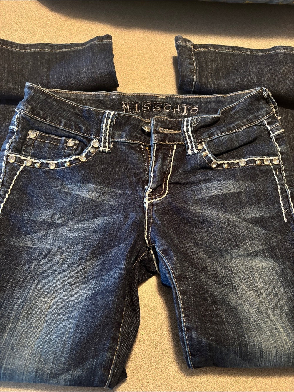 Miss Chic Jeans Dark Blue Jeans with Studded Pocket Trim